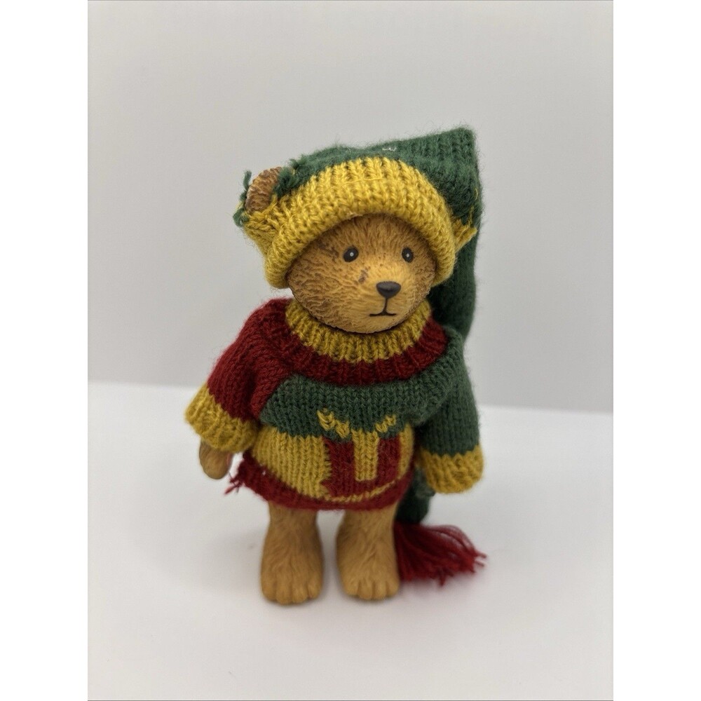 Russ Berrie Teddy Town Bear Figurine Jointed Green Sweater Hat Resin Vintage - Picture 6 of 6